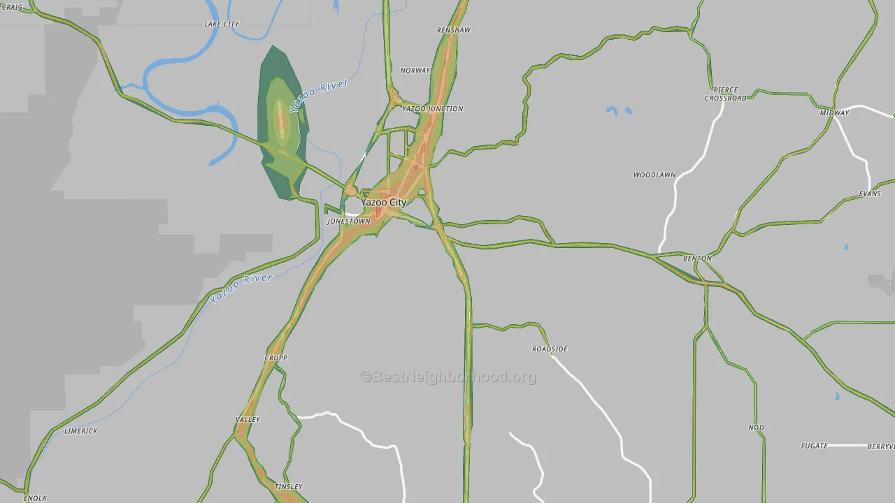 Yazoo County, MS Map of Noise Levels in Yazoo County