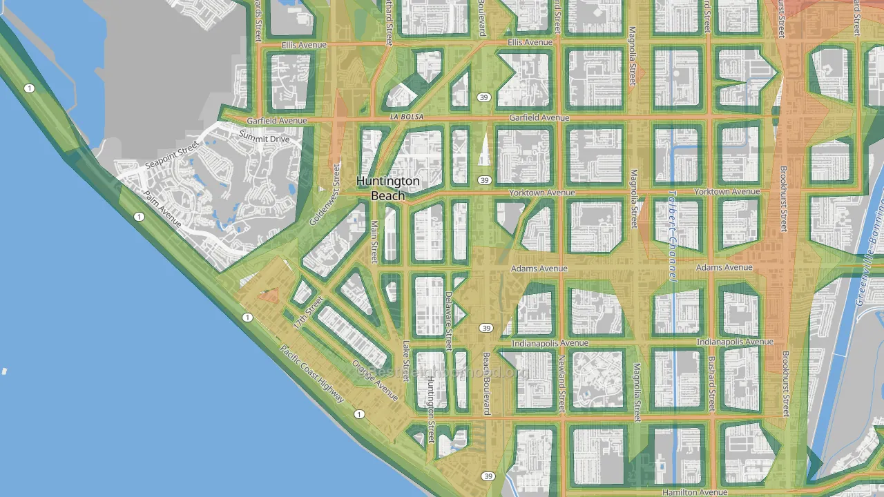 Yorktown, Huntington Beach, CA Map of Noise Levels in Yorktown