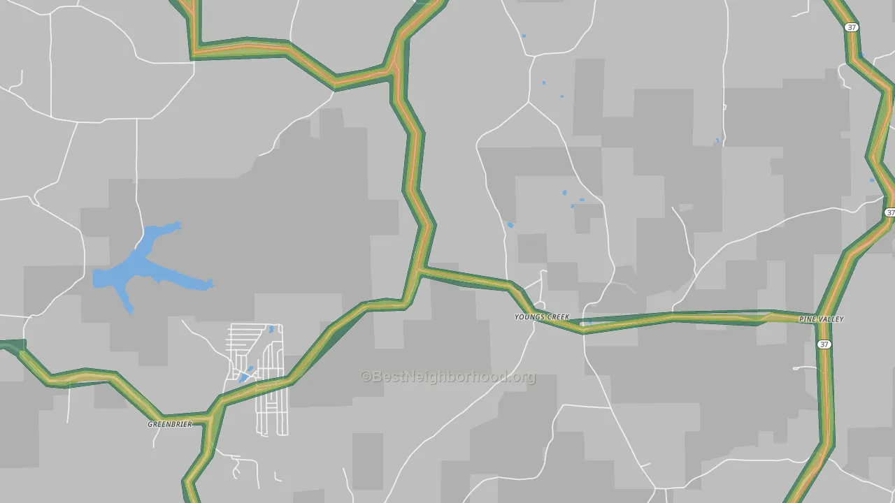 Youngs Creek, IN Map of Noise Levels in Youngs Creek