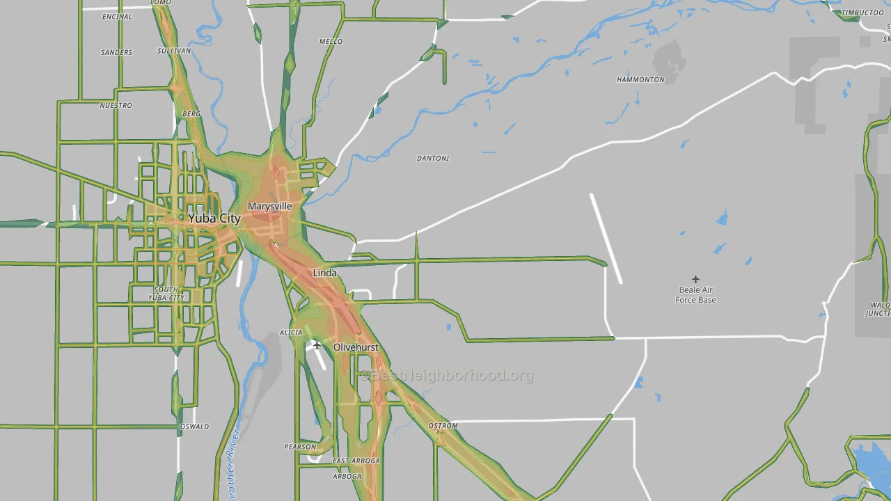 Yuba County, CA Map of Noise Levels in Yuba County