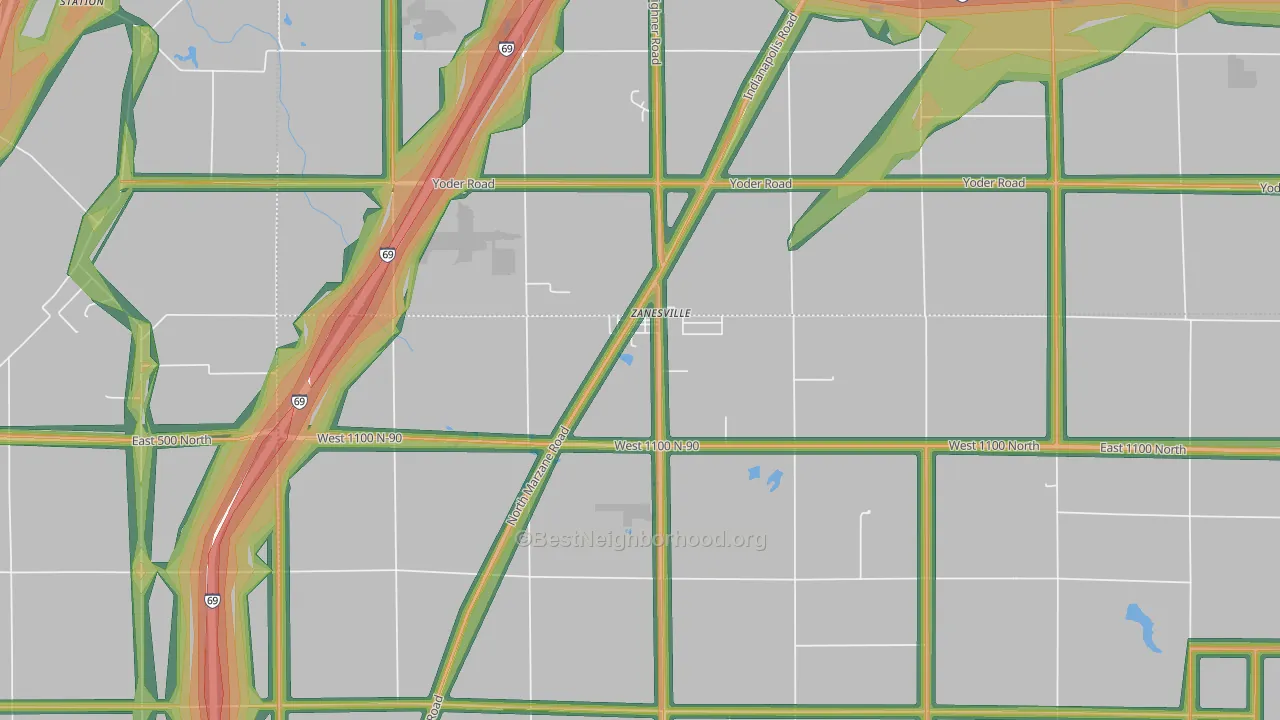 Zanesville, IN Map of Noise Levels in Zanesville