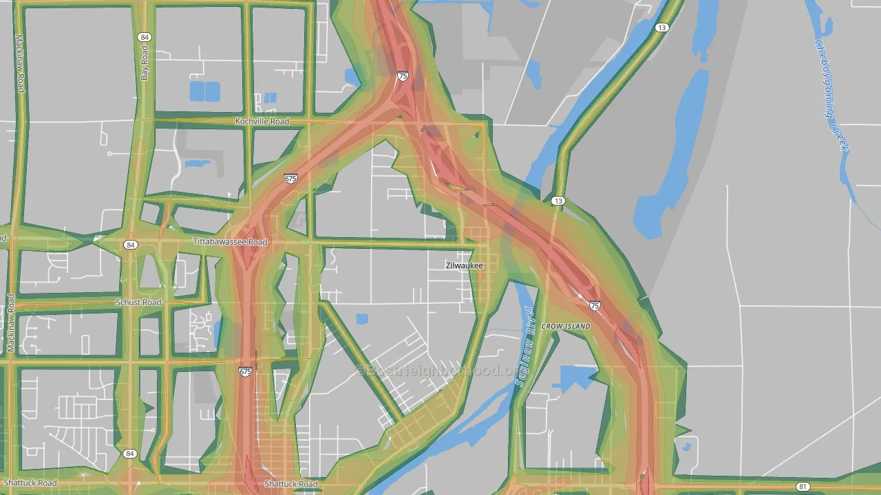 Zilwaukee, MI Map of Noise Levels in Zilwaukee