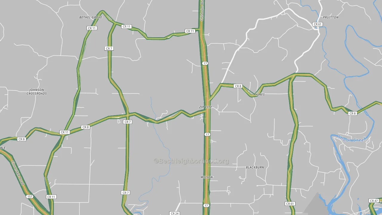 Zip City, AL Map of Noise Levels in Zip City