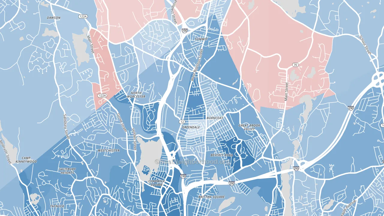01606, MA block-group political-lean map