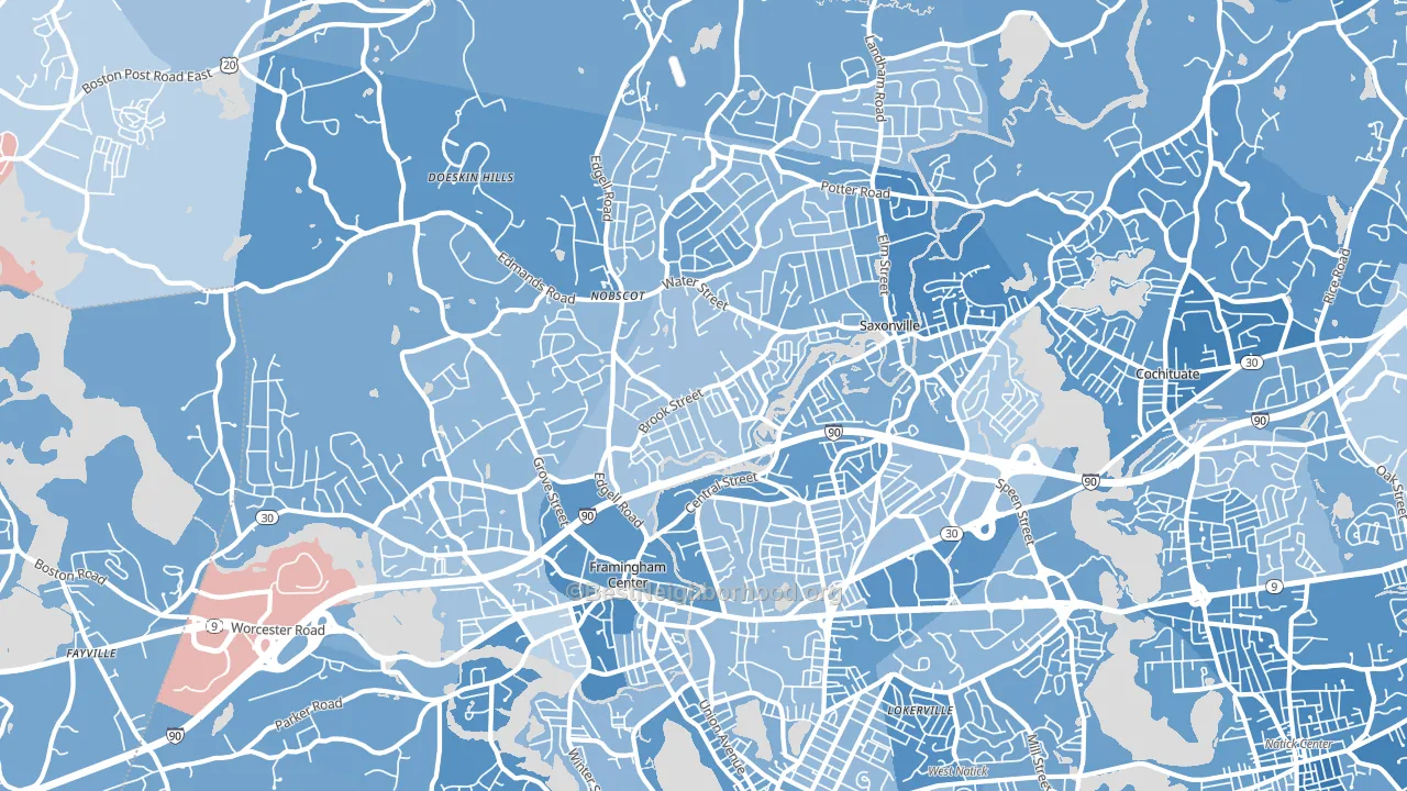 01701, MA block-group political-lean map