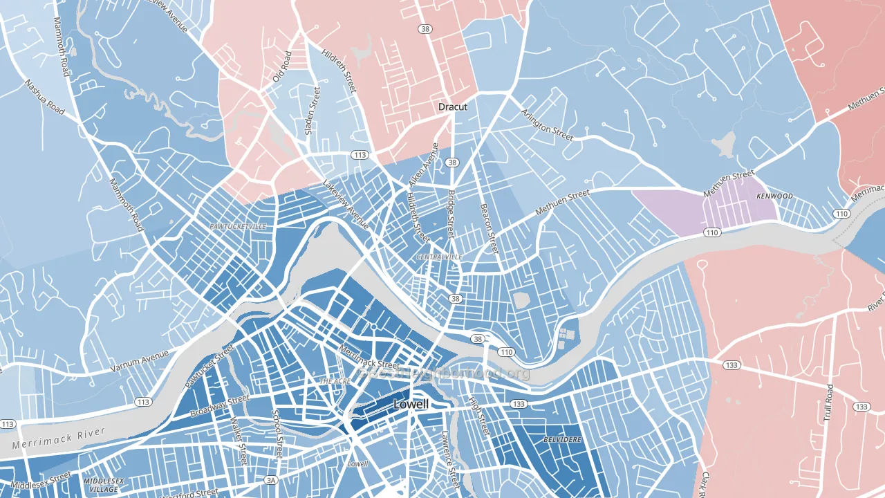 01850, MA block-group political-lean map