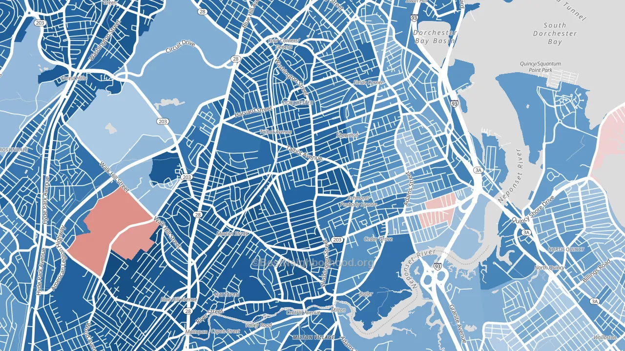02124, MA block-group political-lean map