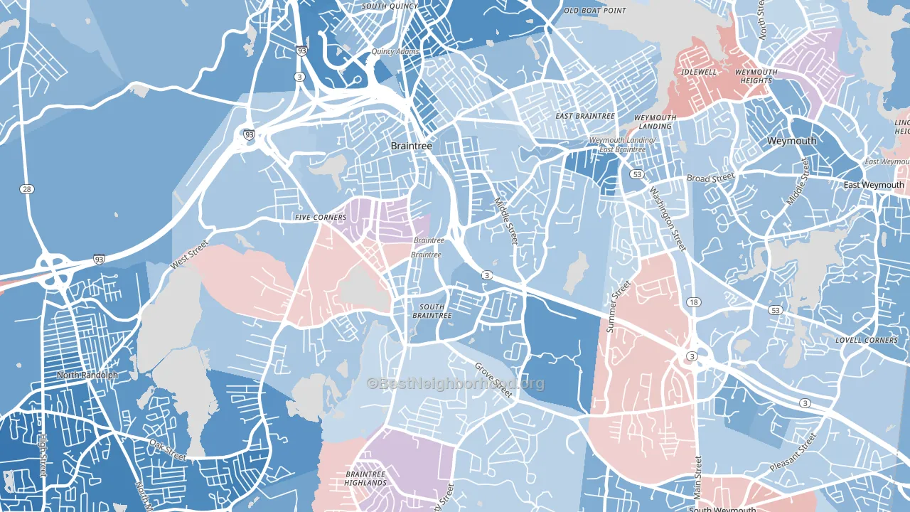 02184, MA block-group political-lean map
