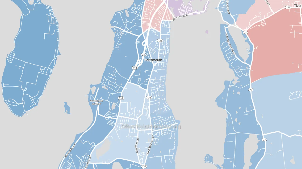 02871, RI block-group political-lean map