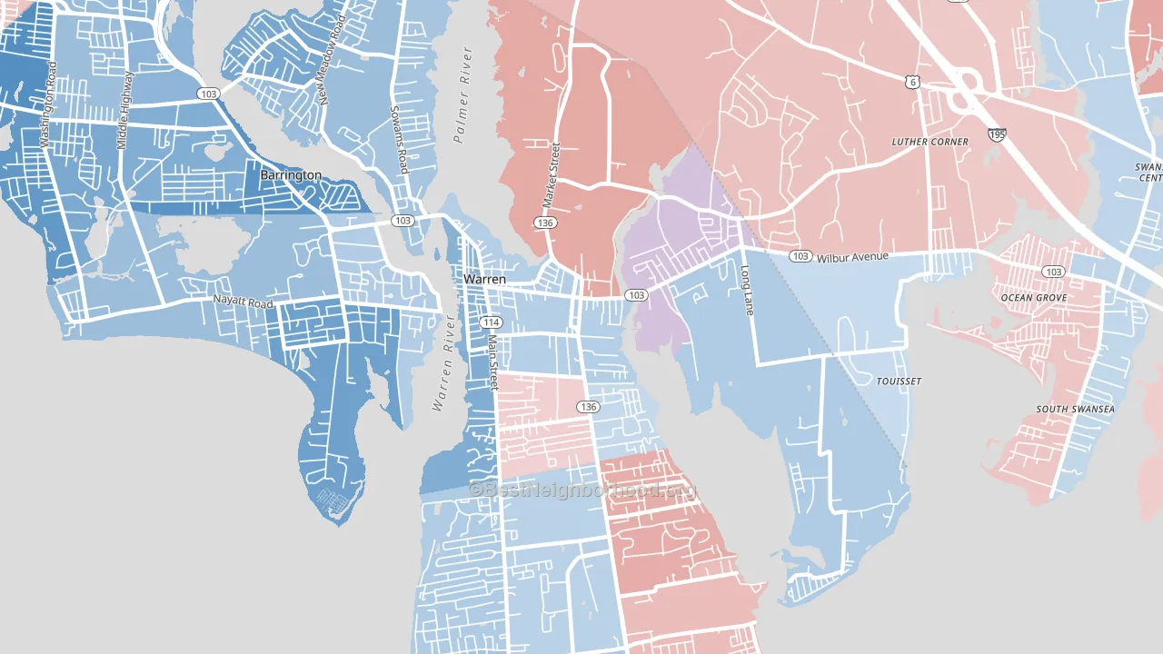 02885, RI block-group political-lean map