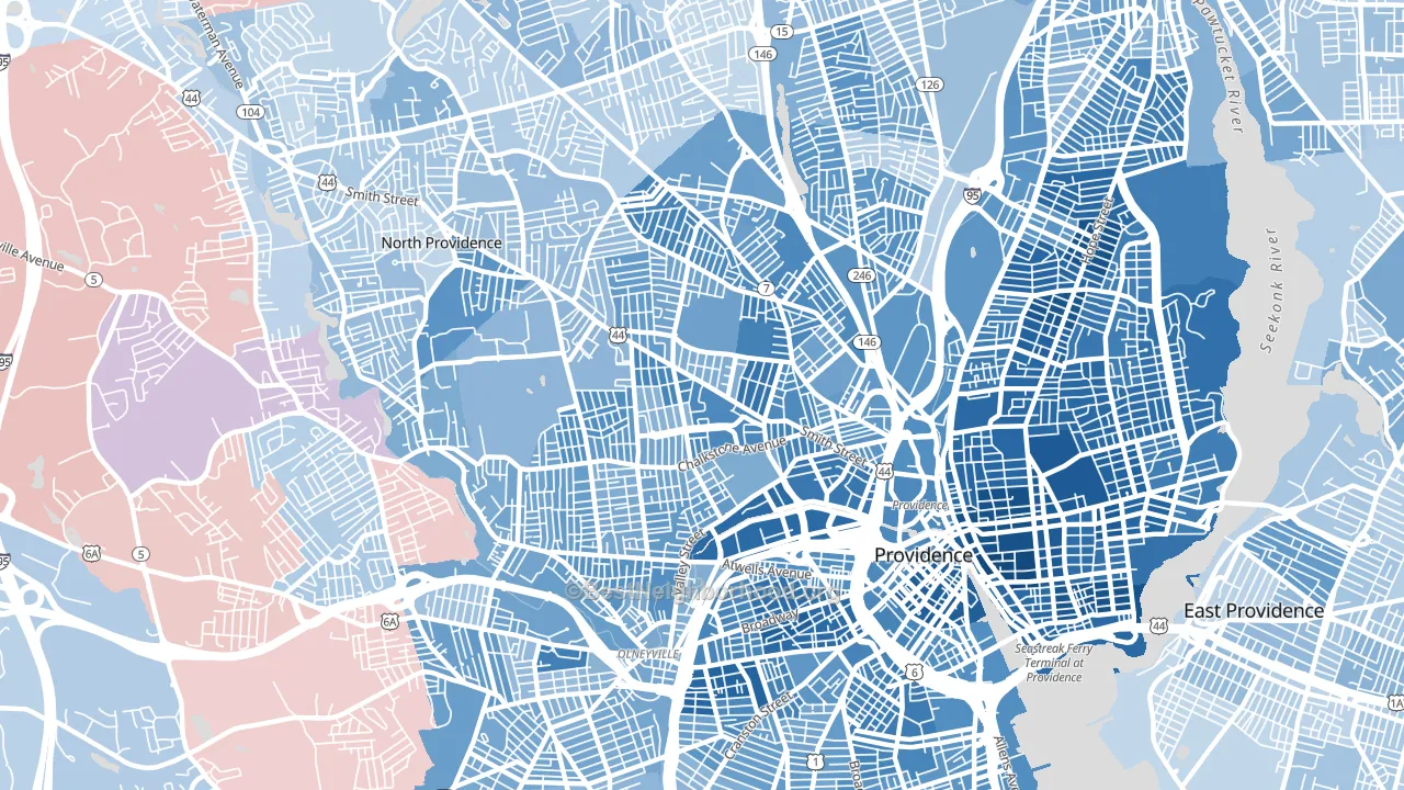 02908, RI block-group political-lean map