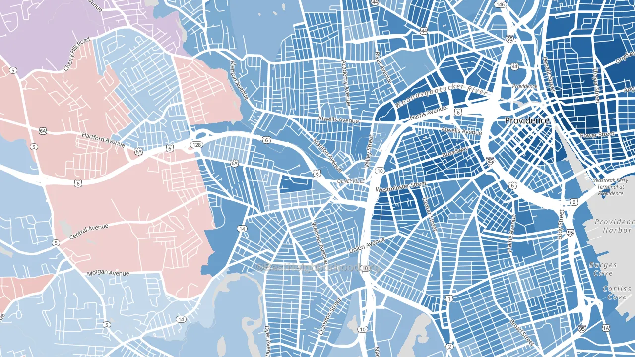 02909, RI block-group political-lean map