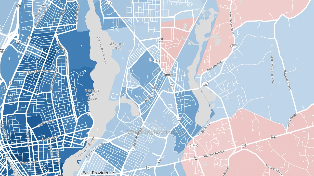 02916, RI block-group political-lean map