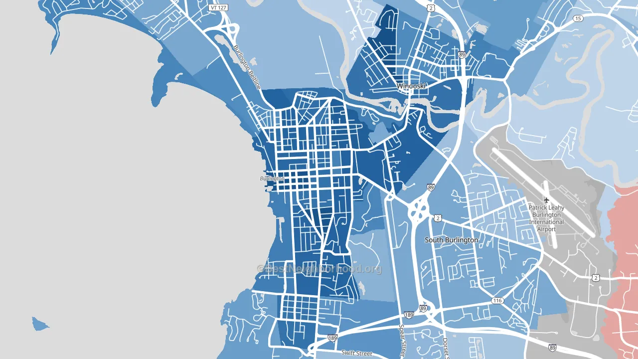 05401, VT block-group political-lean map