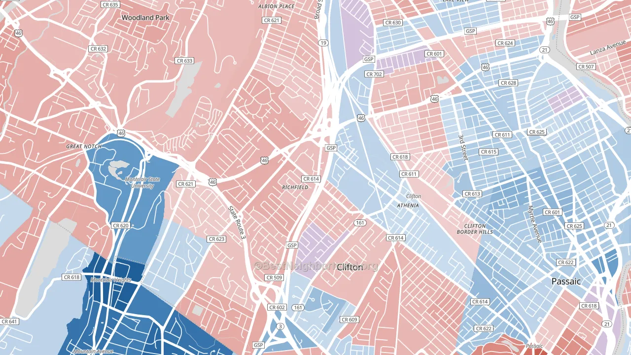 07013, NJ block-group political-lean map