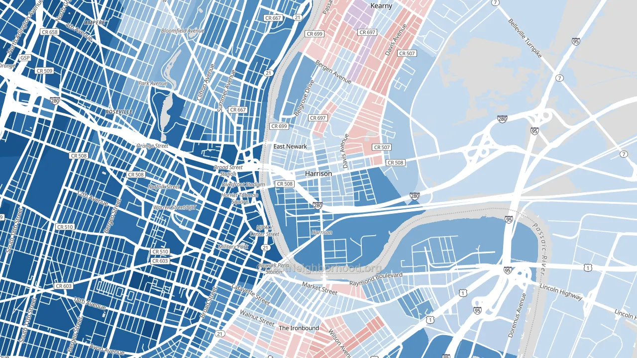 07029, NJ block-group political-lean map