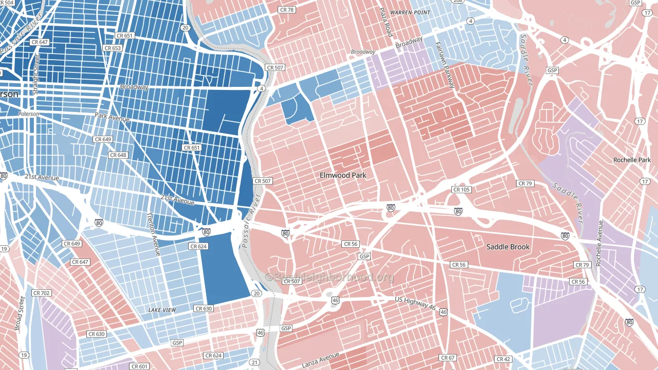 07407, NJ block-group political-lean map