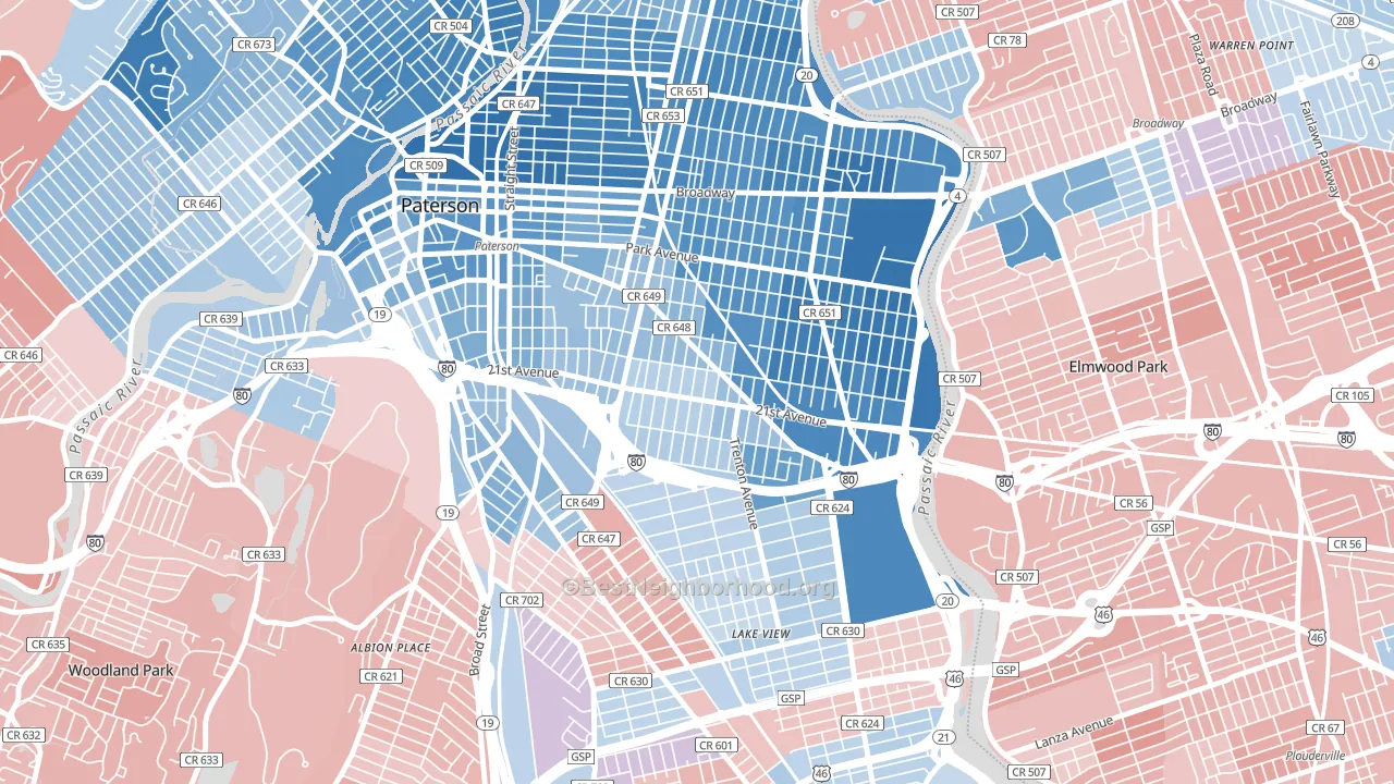 07513, NJ block-group political-lean map