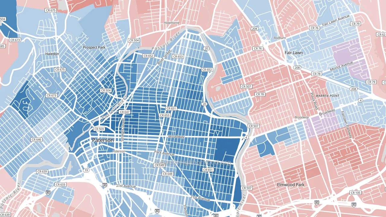 07514, NJ block-group political-lean map