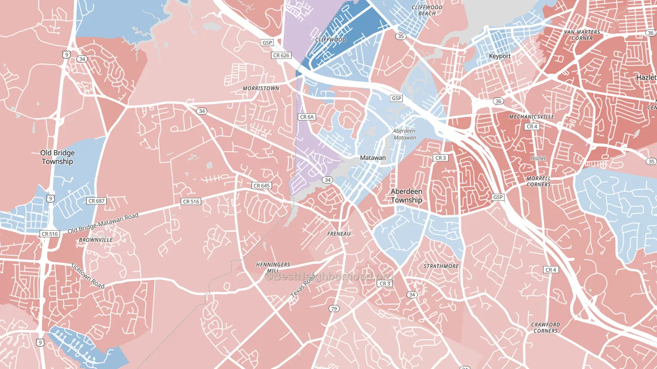 07747, NJ block-group political-lean map
