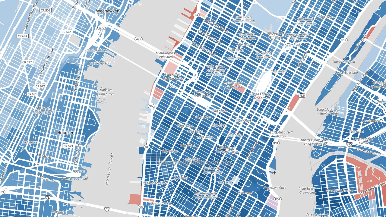 10001, NY block-group political-lean map