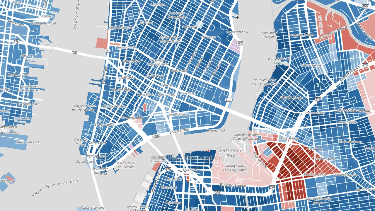 10002, NY block-group political-lean map