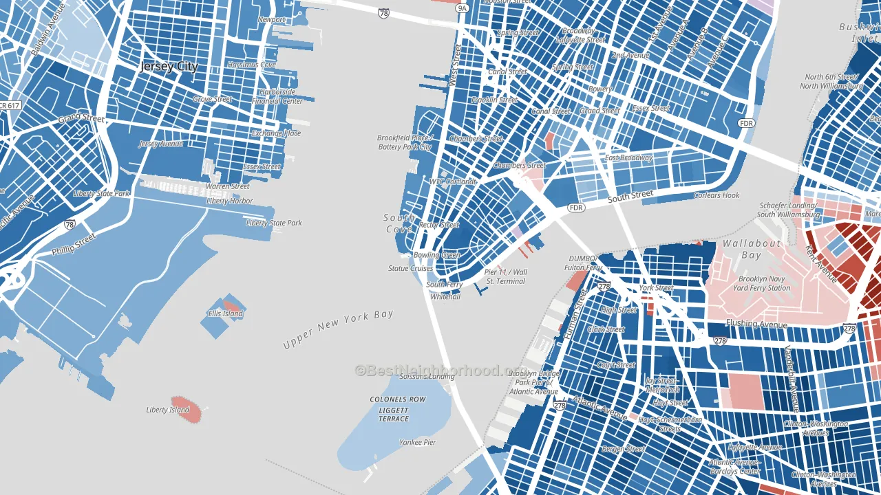 10004, NY block-group political-lean map