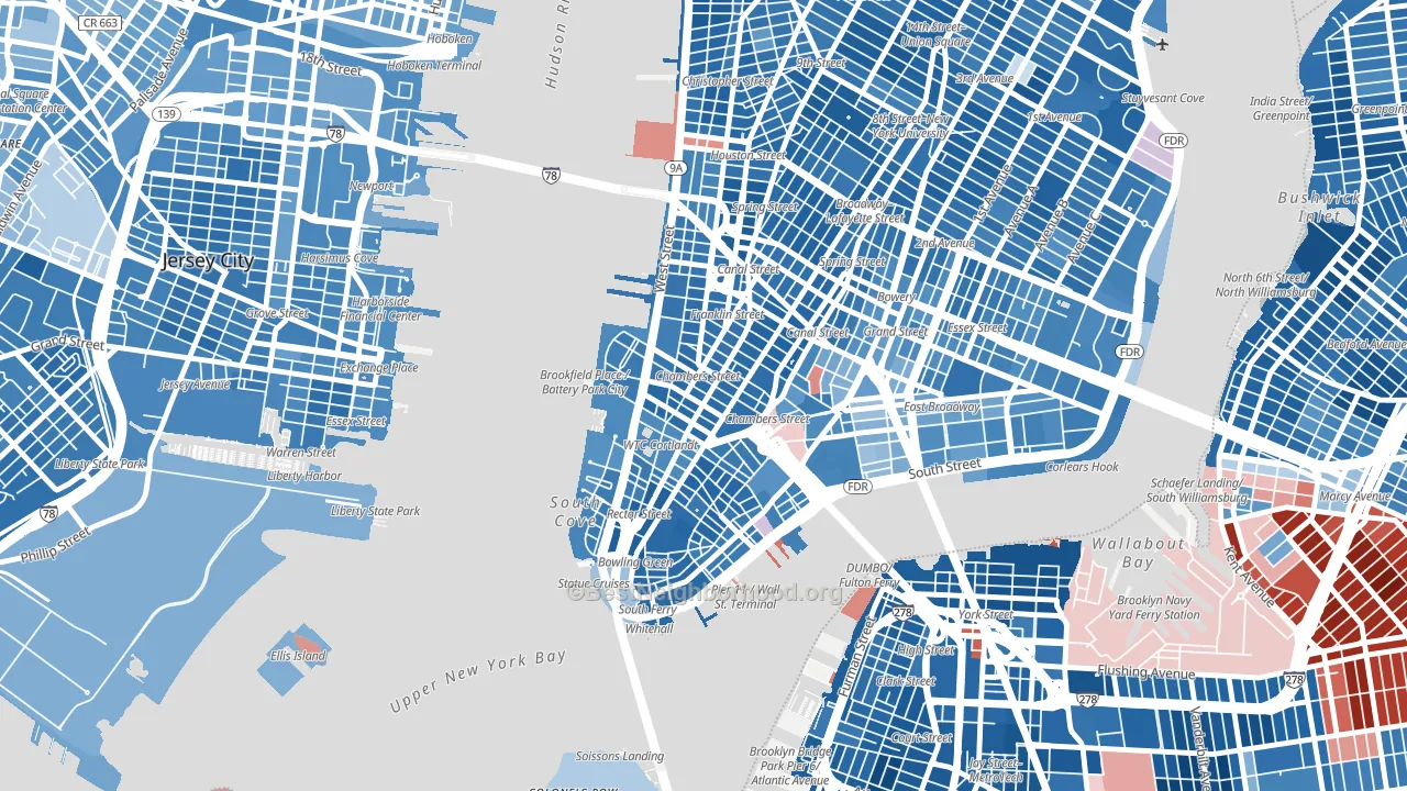 10007, NY block-group political-lean map