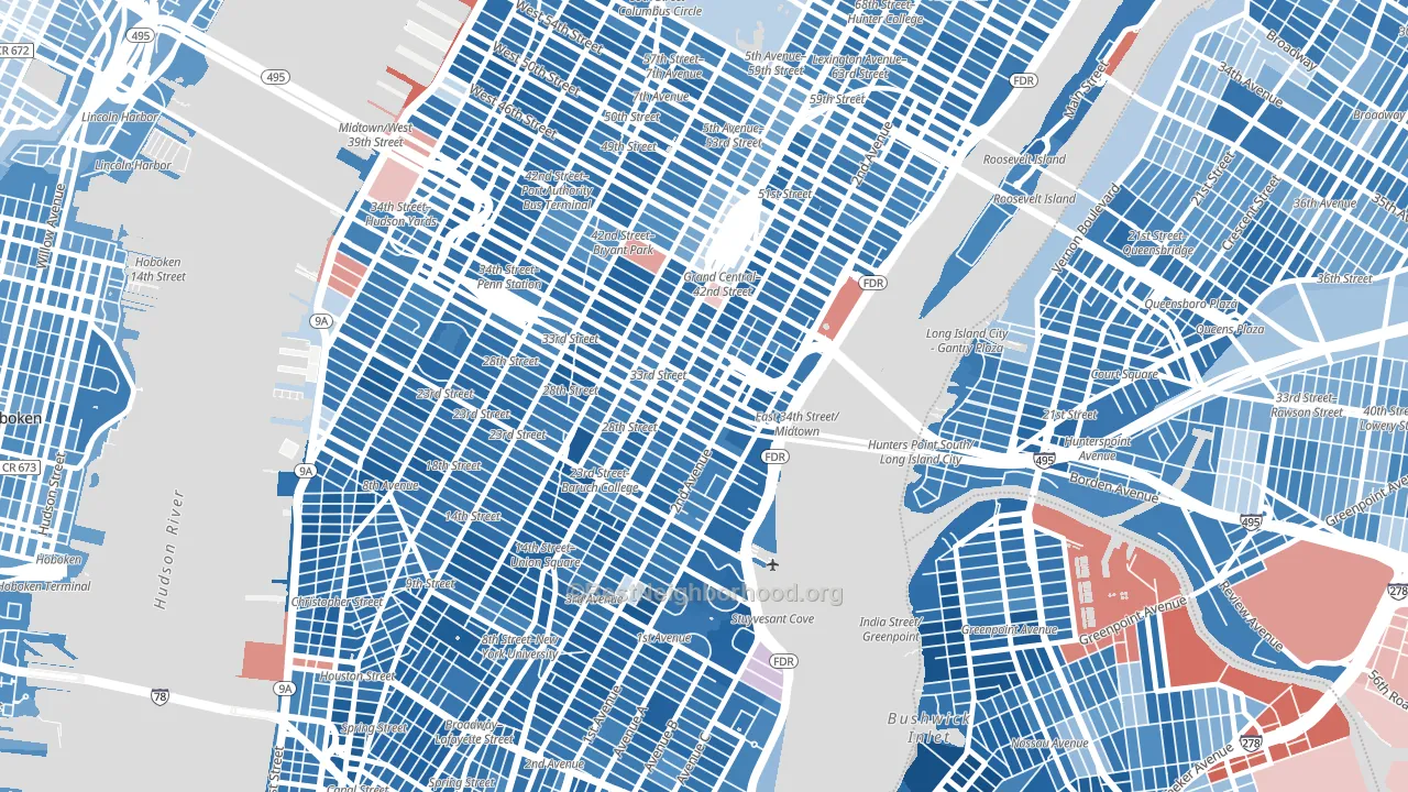 10016, NY block-group political-lean map