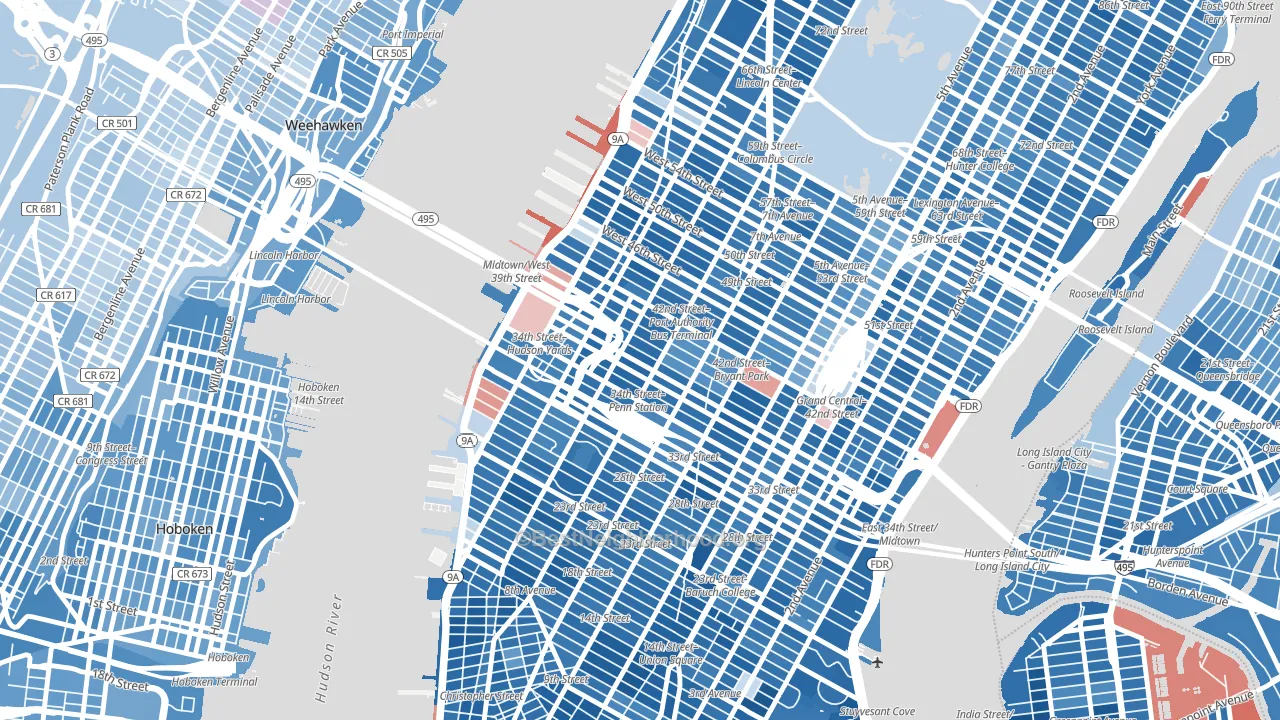 10018, NY block-group political-lean map