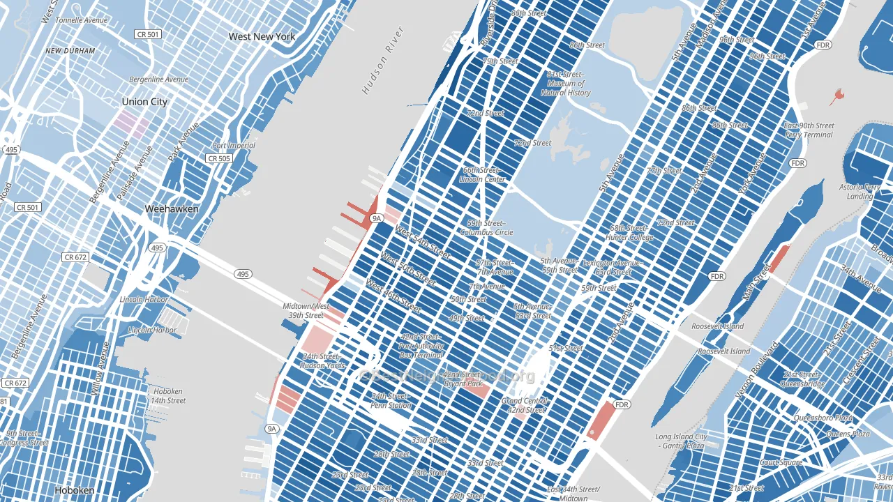 10019, NY block-group political-lean map