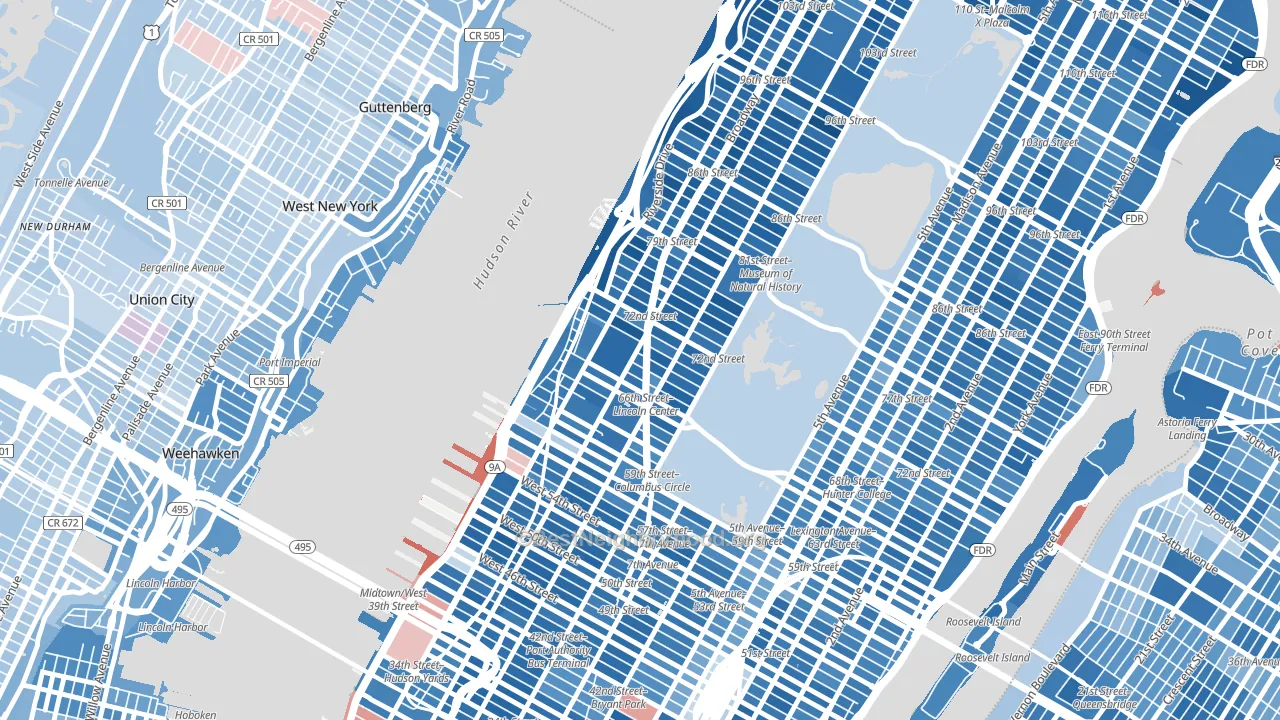 10023, NY block-group political-lean map