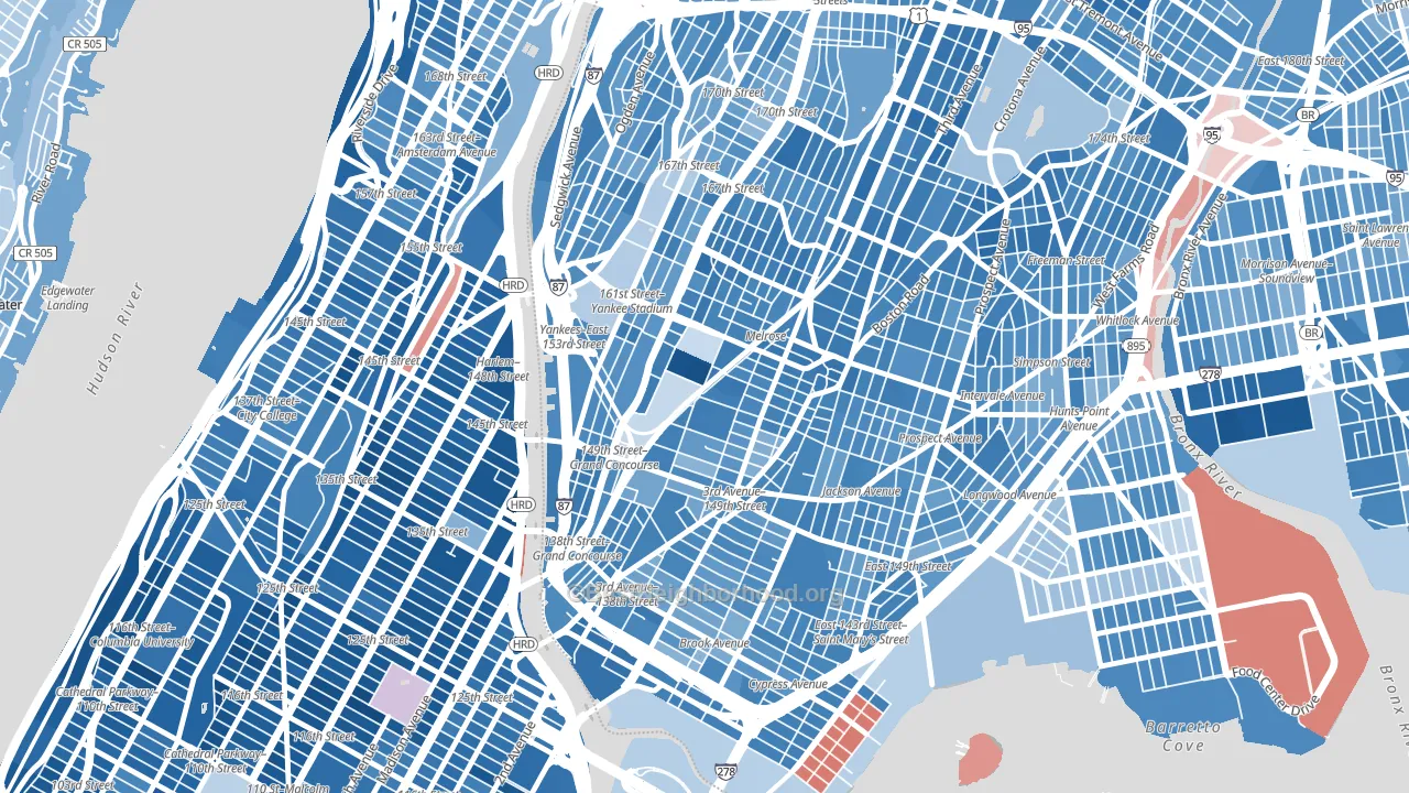 10451, NY block-group political-lean map