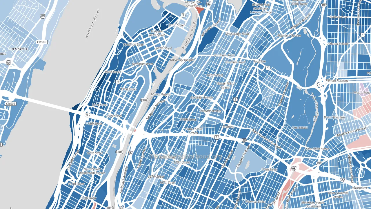 10453, NY block-group political-lean map