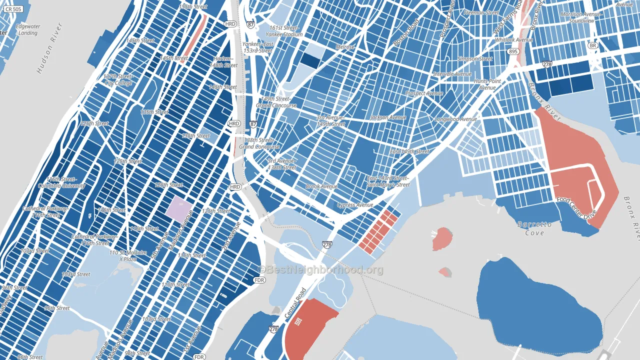10454, NY block-group political-lean map
