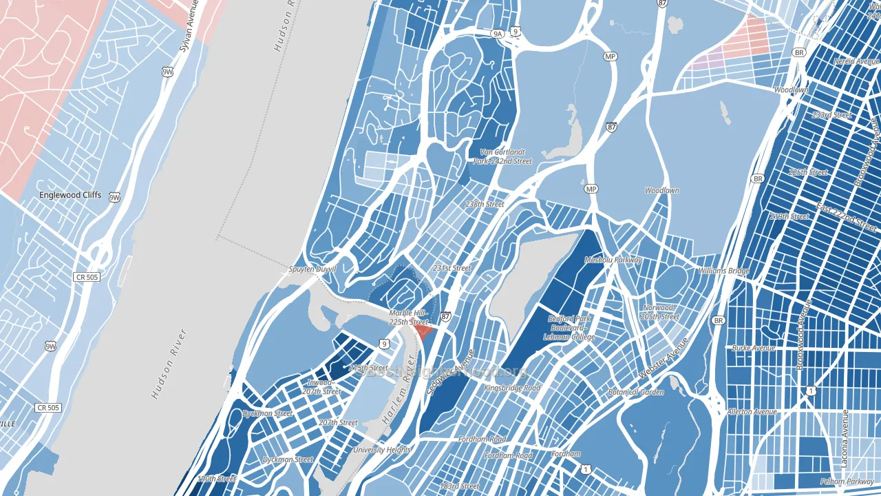 10463, NY block-group political-lean map
