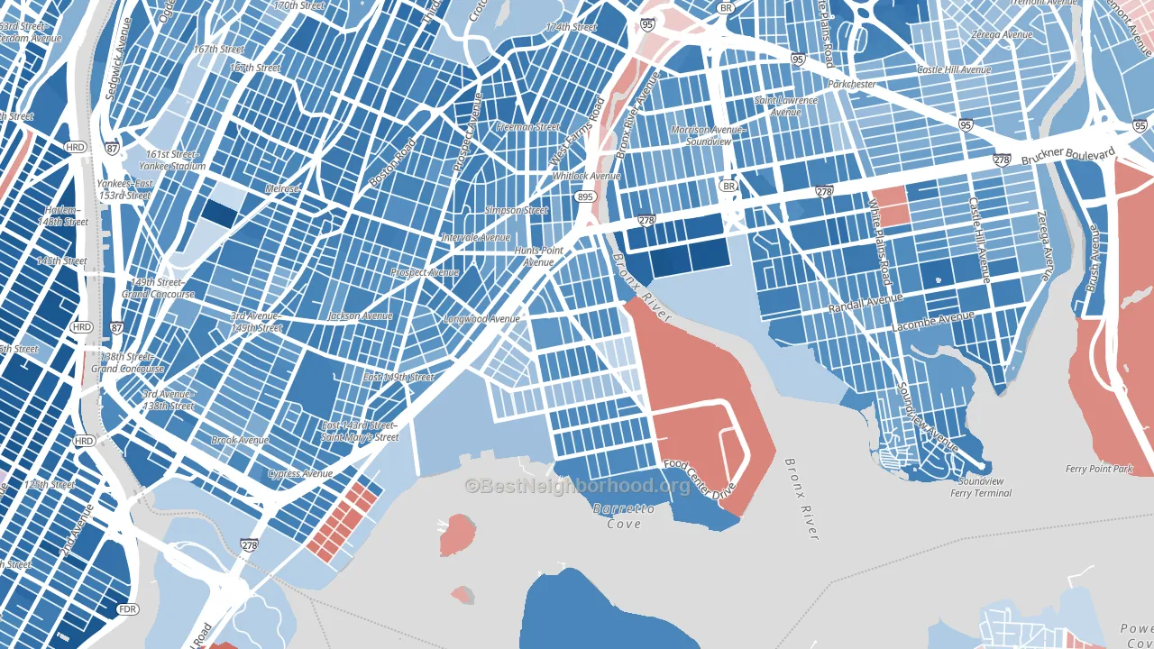 10474, NY block-group political-lean map