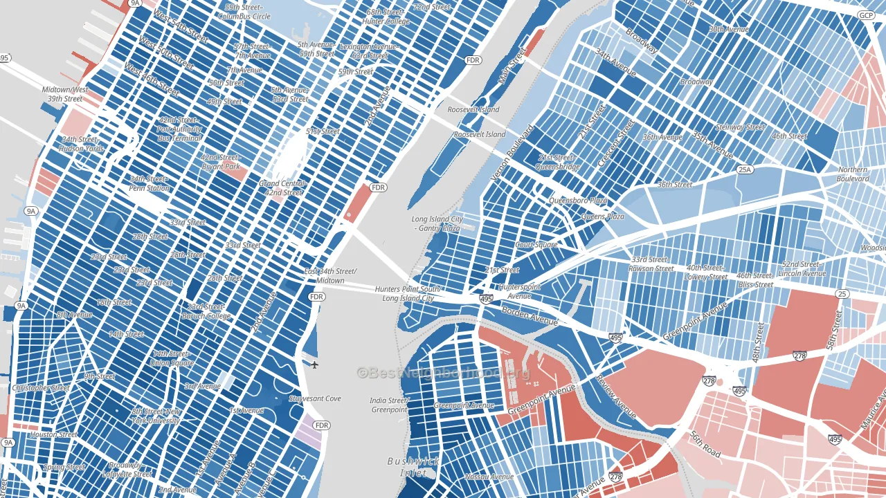 11109, NY block-group political-lean map