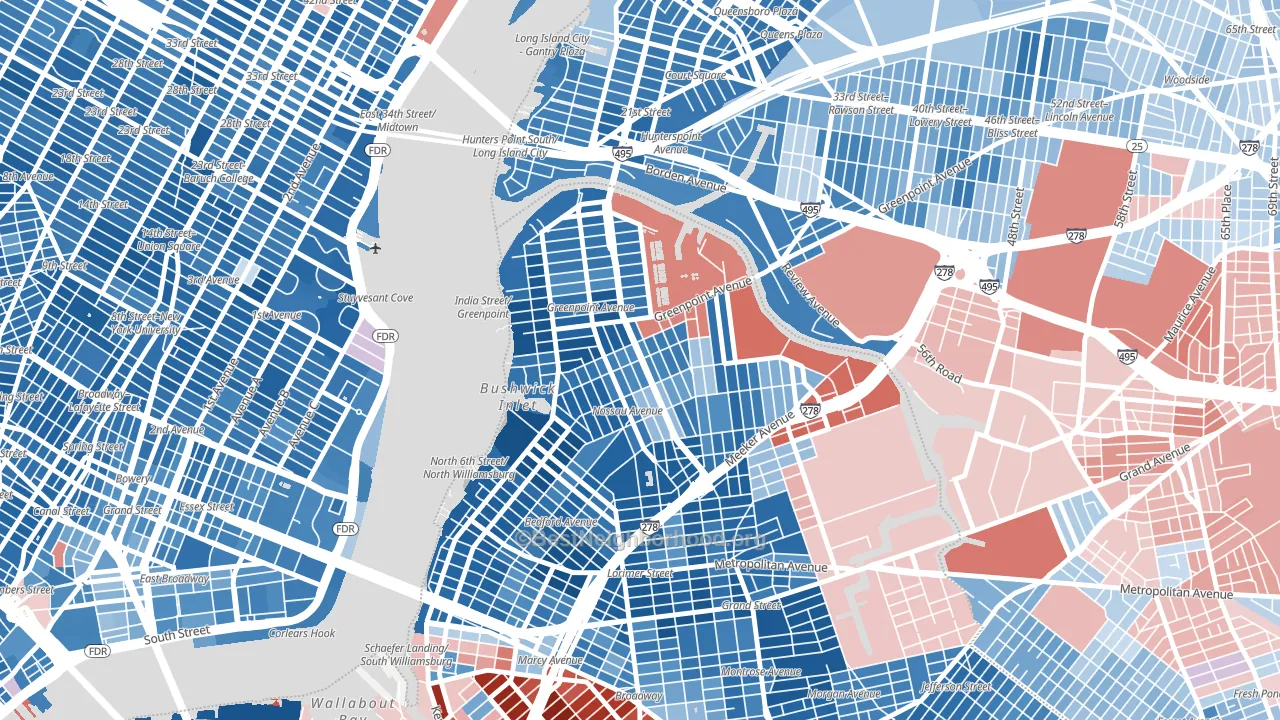 11222, NY block-group political-lean map