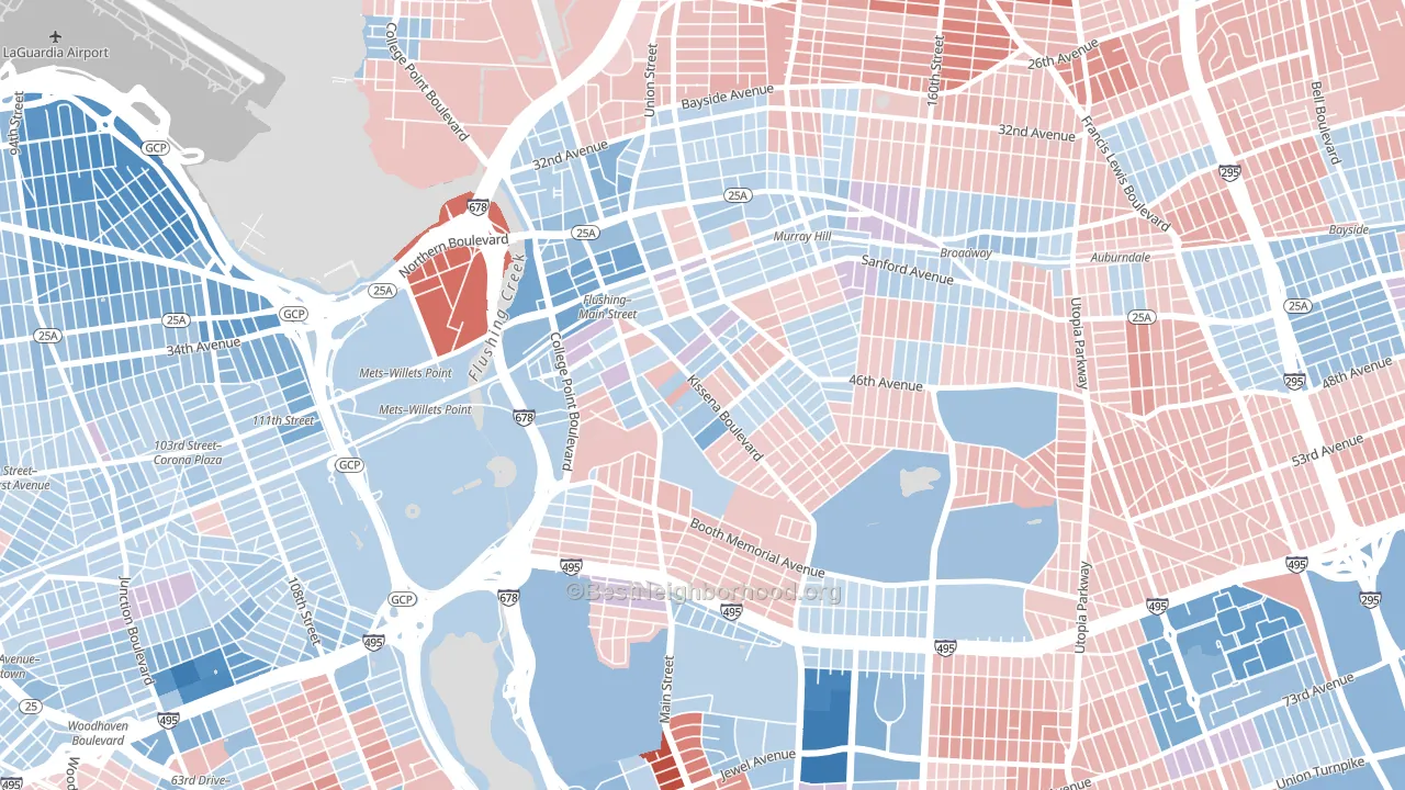 11355, NY block-group political-lean map