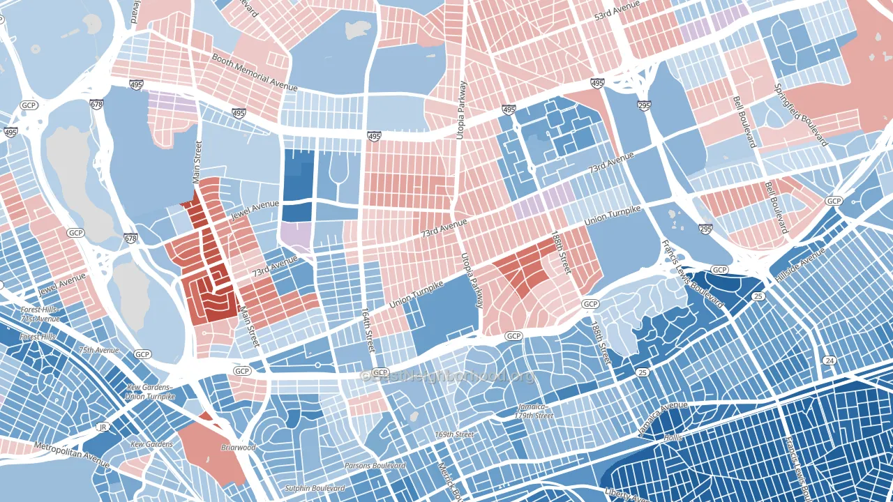 11366, NY block-group political-lean map