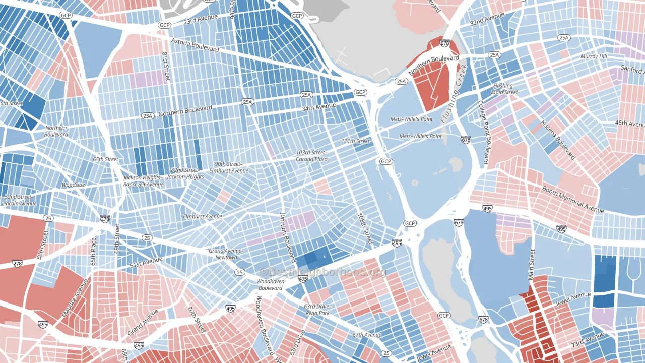 11368, NY block-group political-lean map