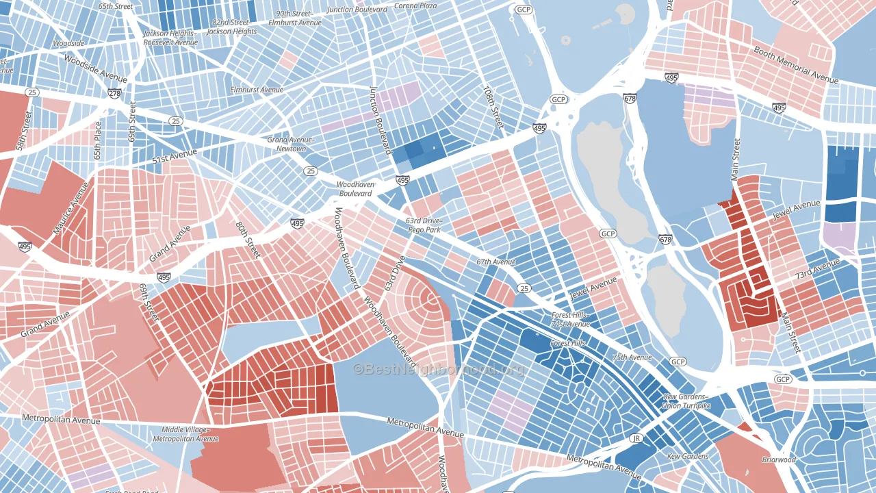 11374, NY block-group political-lean map