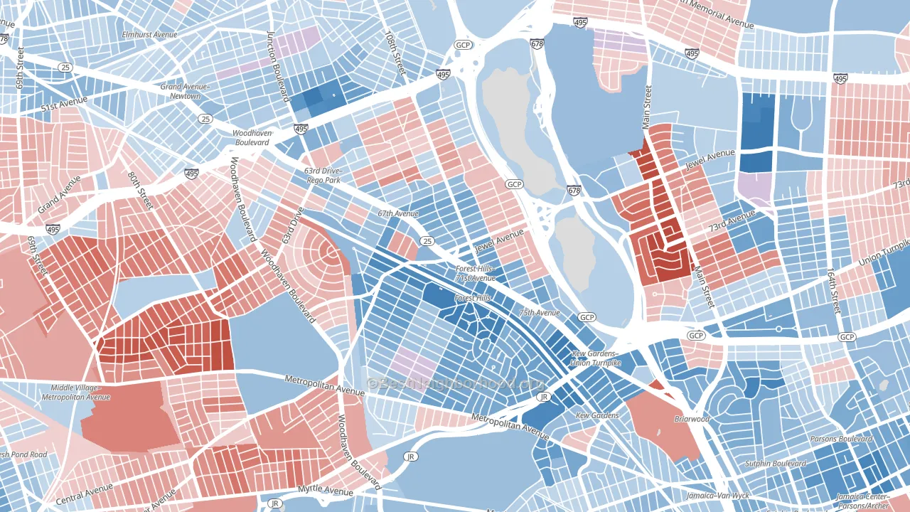 11375, NY block-group political-lean map