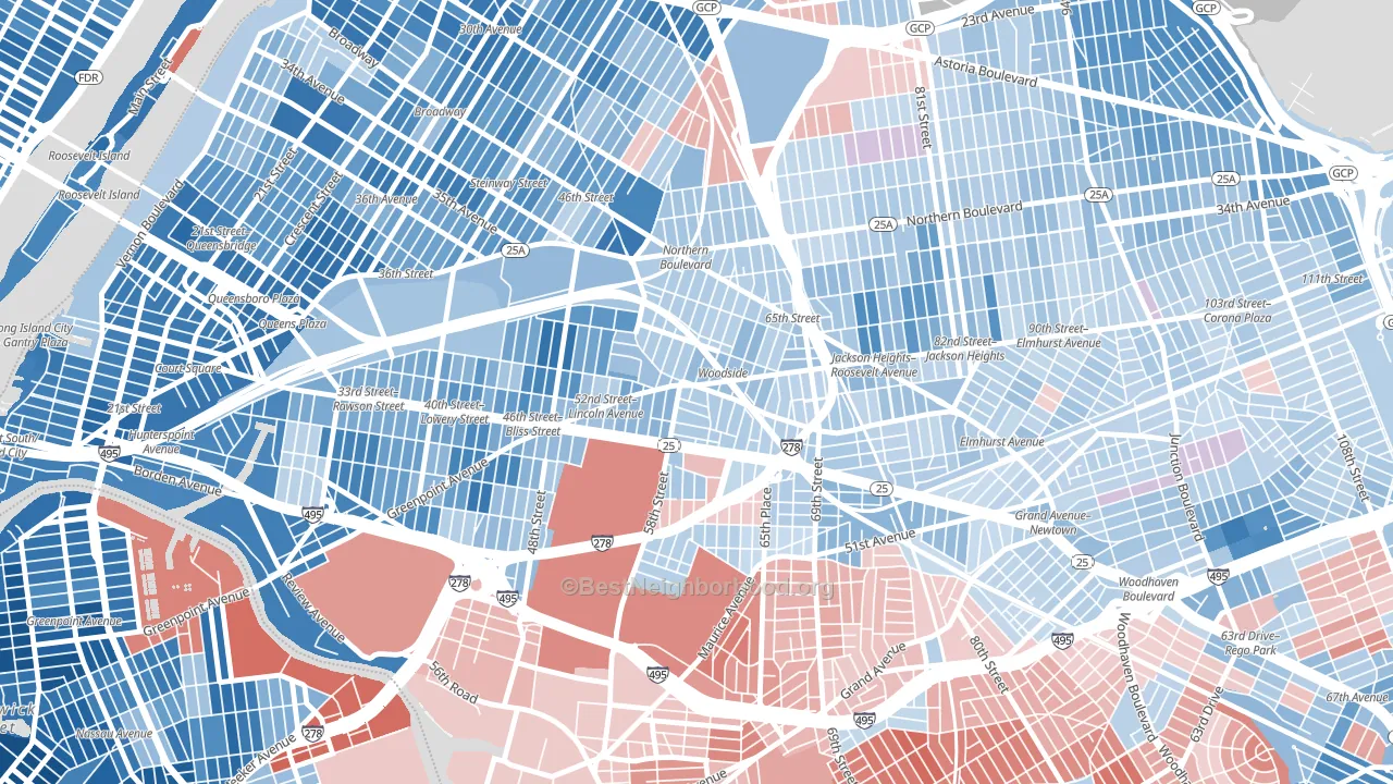 11377, NY block-group political-lean map