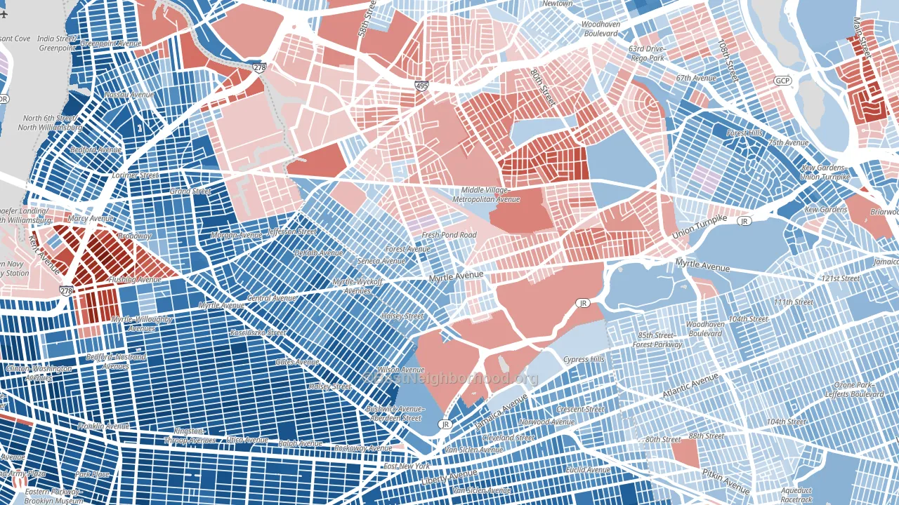 11385, NY block-group political-lean map