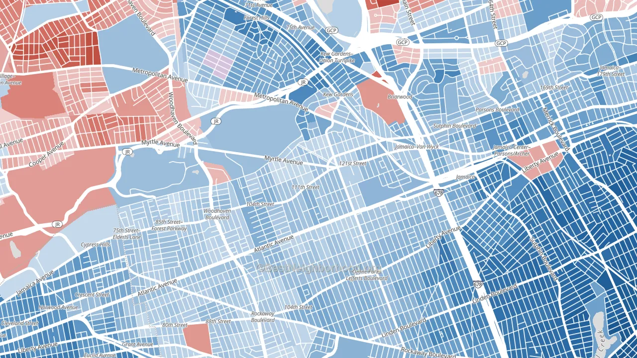 11418, NY block-group political-lean map