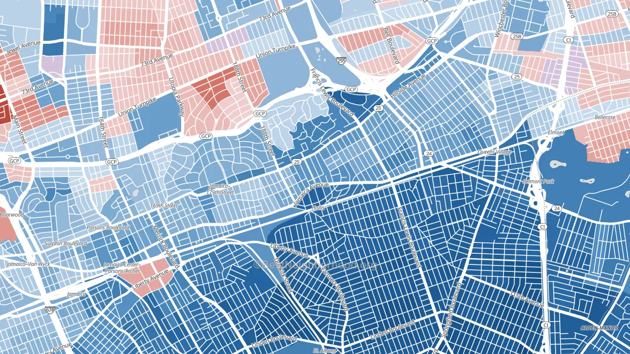 11423, NY block-group political-lean map