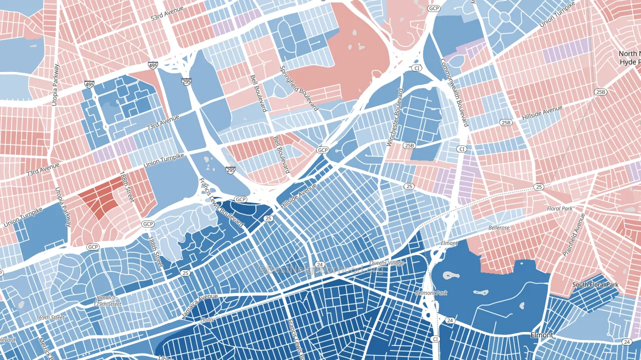 11427, NY block-group political-lean map