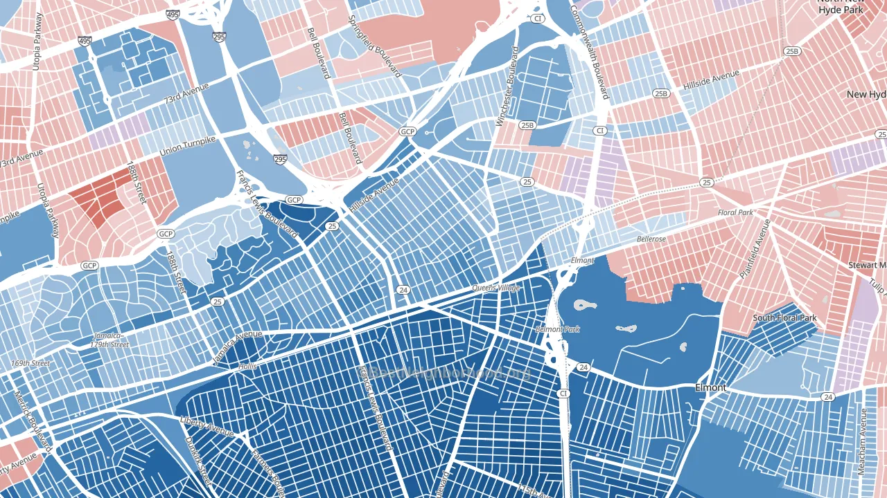 11428, NY block-group political-lean map